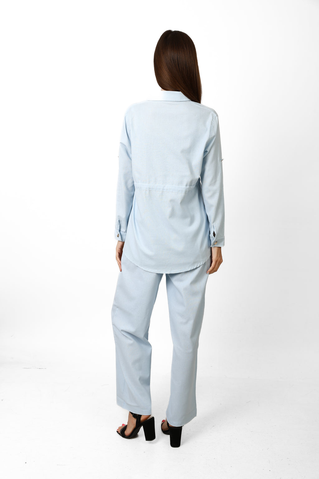 Baby Bleu linen set by R.K Elégance, belted, soft fabric with a stylish design, displayed on a neutral background.