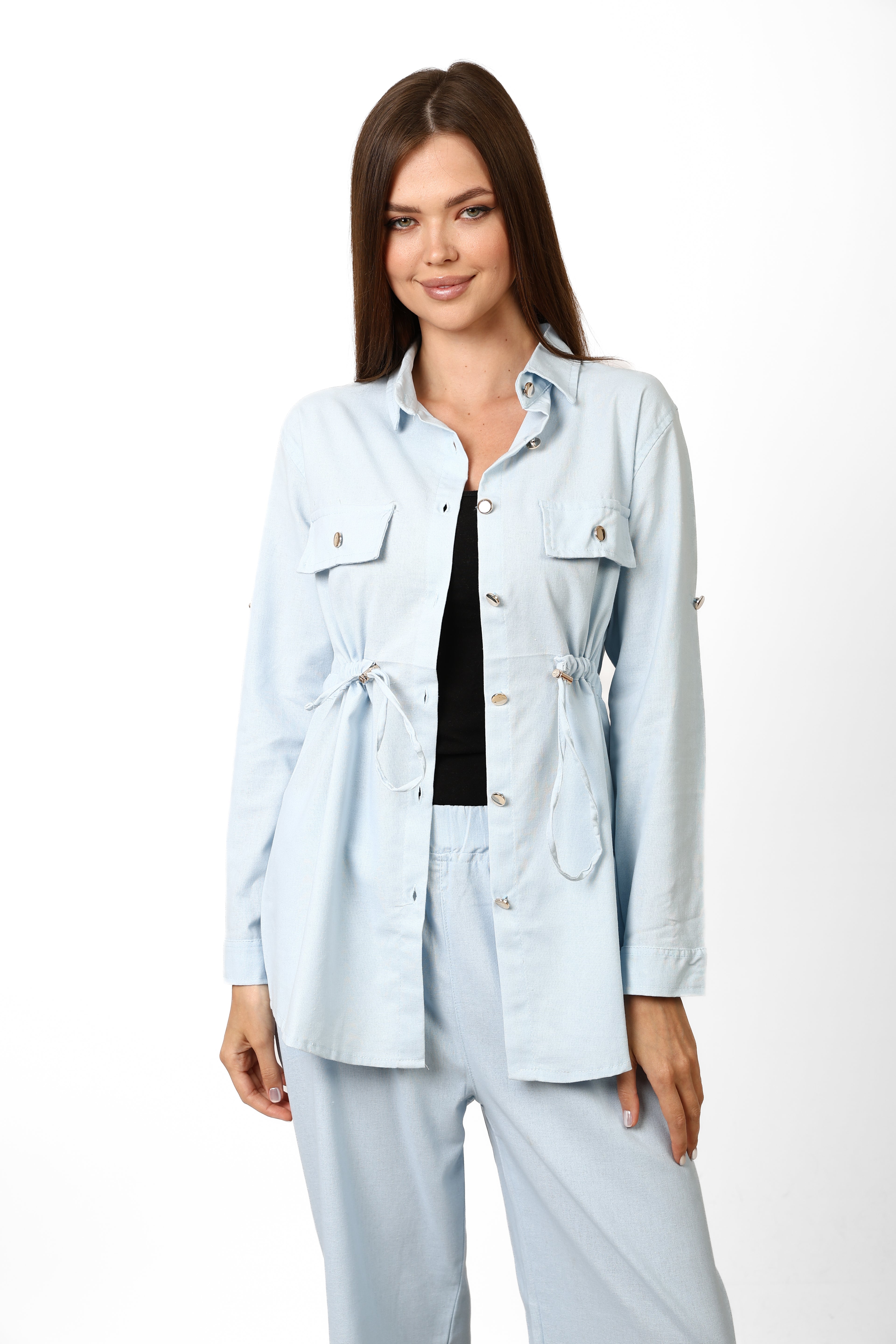 Linen Set Belted Baby Blue - R.K Elégance