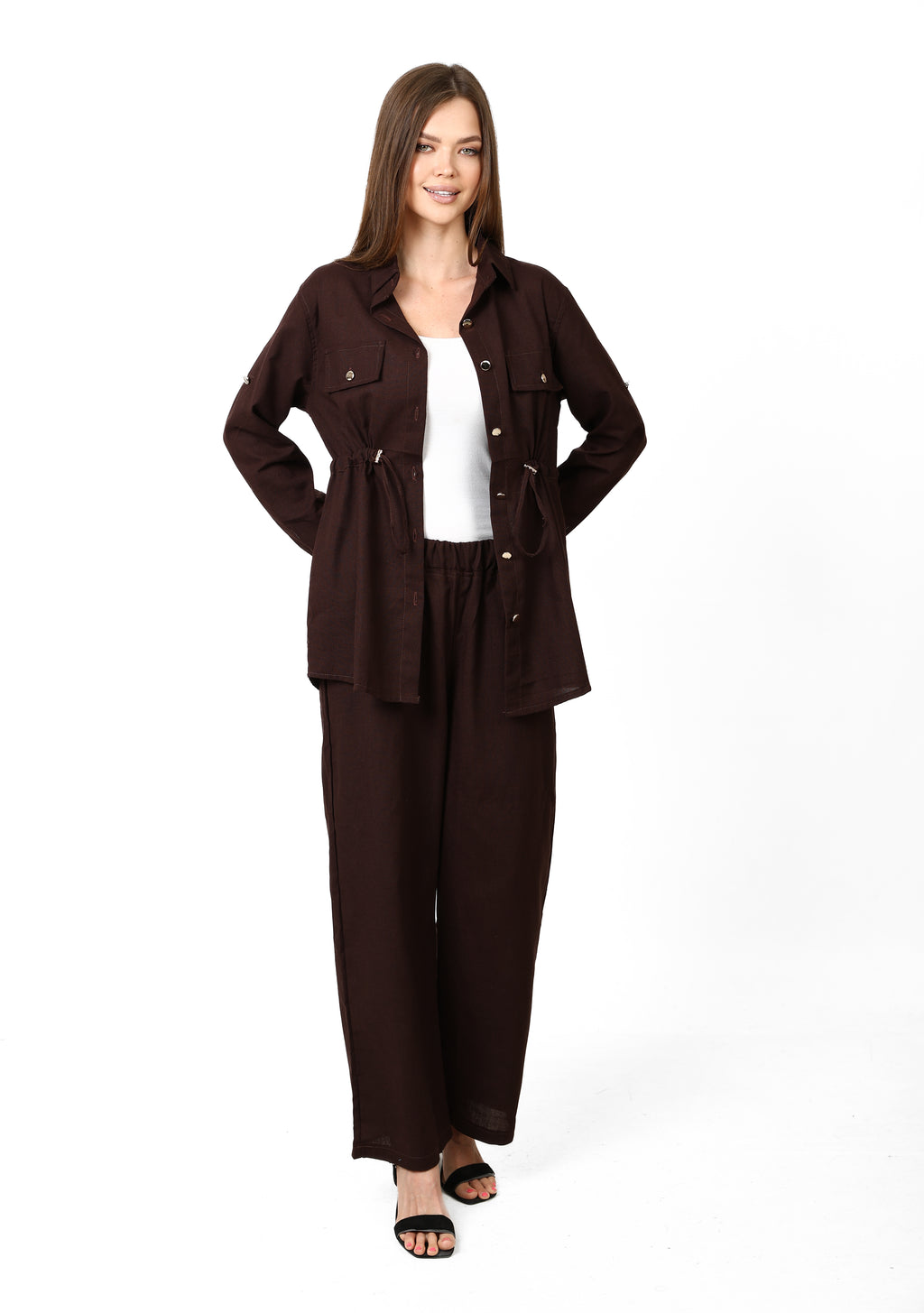 Brown linen set with belt by R.K Elégance, featuring a stylish, comfortable matching top and pants ensemble.